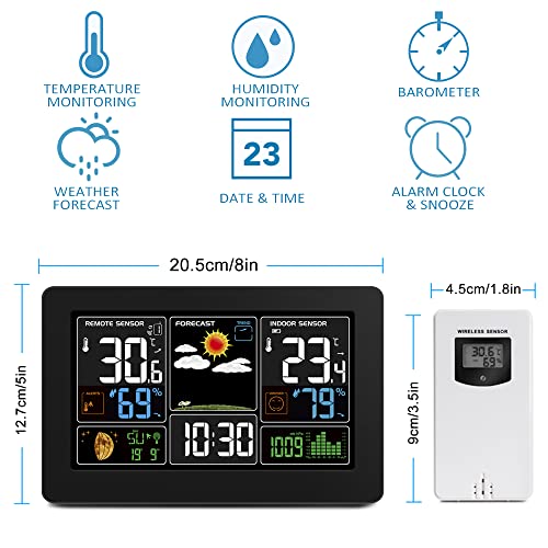 Kalawen Home Weather Stations Wireless Indoor Outdoor Thermometer, Portable Digital Weather Clock Atomic, Bluetooth Color Forecast Station Estacion Meteorologica Weather Monitor with Alarm