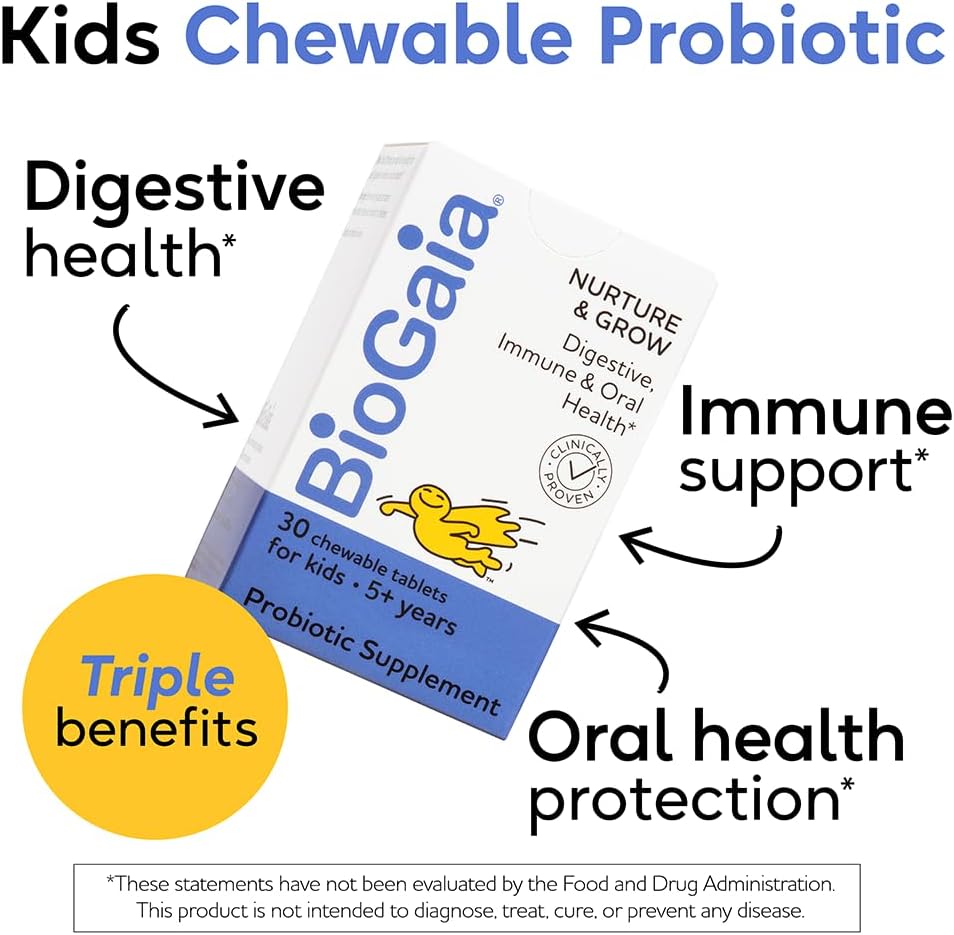 BioGaia Nurture & Grow Kids Probiotic | Ages 5+ | Chewable Probiotic | Allergen-Free | Triple-Benefit Probiotic for Kids | Digestive Health, Immune Support & Oral Health Protection | 30-Day Supply