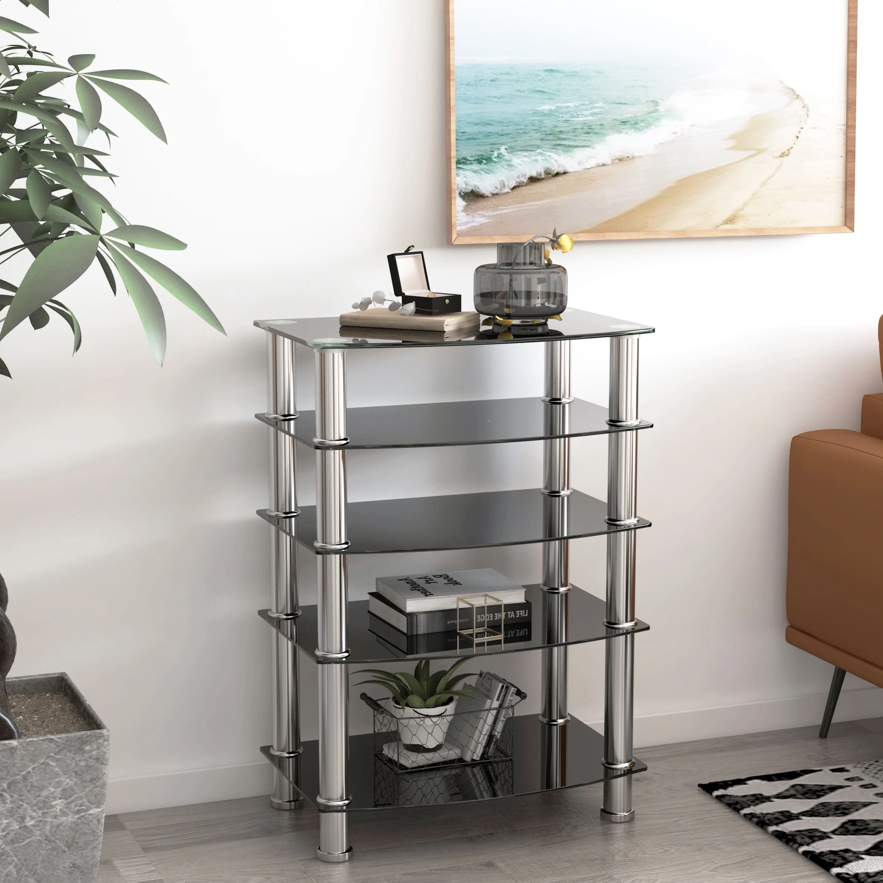 5-Tier Tempered Glass Living Room Side Table with Stainless Steel Frame- Black
