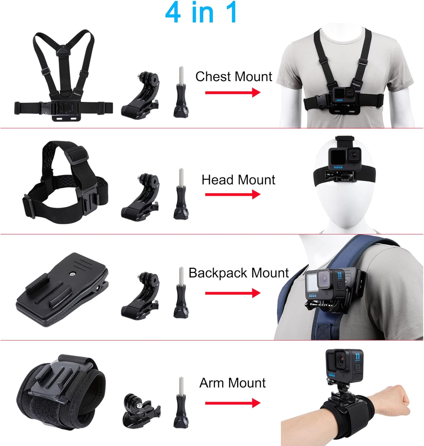 Accessories Set for GoPro Hero 12/11/10/9/8/7/6/5/4,New Quick Release Head Strap Mount + Chest Mount Harness + Backpack Clip Holder + 360°Rotating Wrist Strap