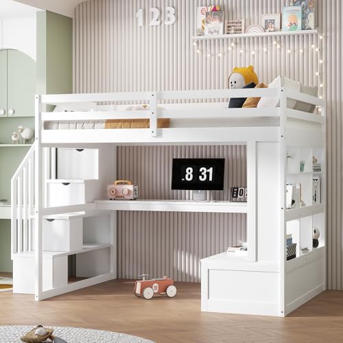 Harper & Bright Designs Full Size Loft Bed with L-Shaped Desk, Wardrobe and Storage Shelves, White