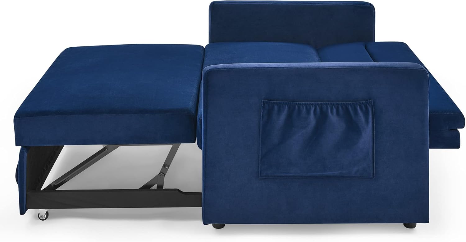 3-in-1 Multi-Functional Convertible Sofa Bed, Comfy Upholstered Sleeper Loveseat Futon Couch Pull, Chaise Lounge with Adjustable Backrest Sofabed, Blue 54.5