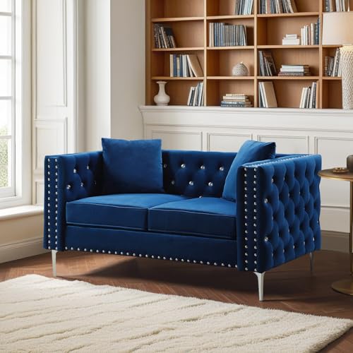 Antetek Velvet Loveseat Sofa for Living Room, 59 Inch Modern Upholstered Love Seat Cloud Couches w/Crystal Buttons/Pillows for Living Room, Apartment, Office, Furniture Sets, Black