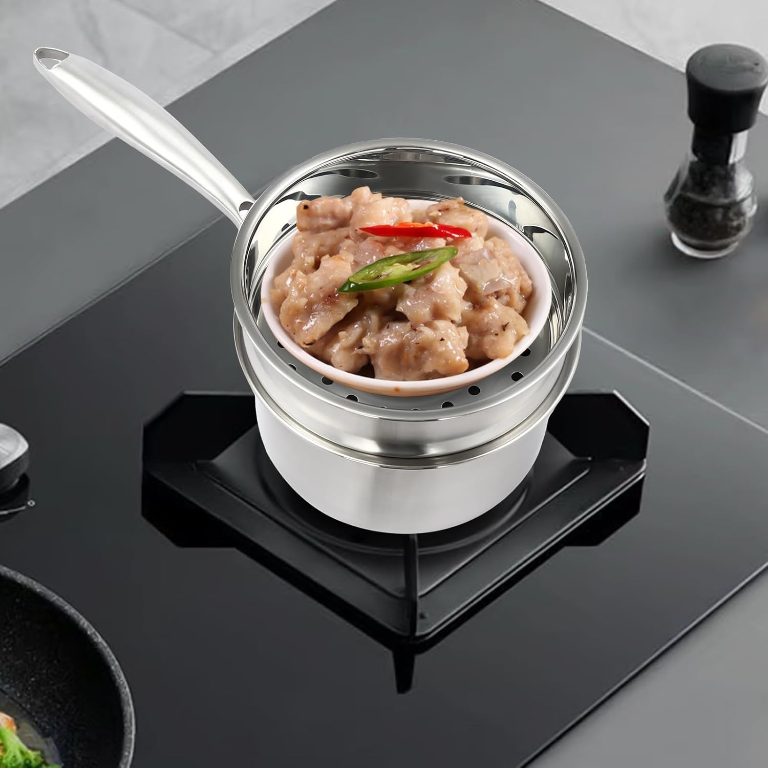 2-Layer Stainless Steel Steamer Pot, 1 Saucepan & 1 Steamer with Transparent Lid, Stackable Food Steamer, Vegetable Steamer Cooker, Steamer Cookware Pot