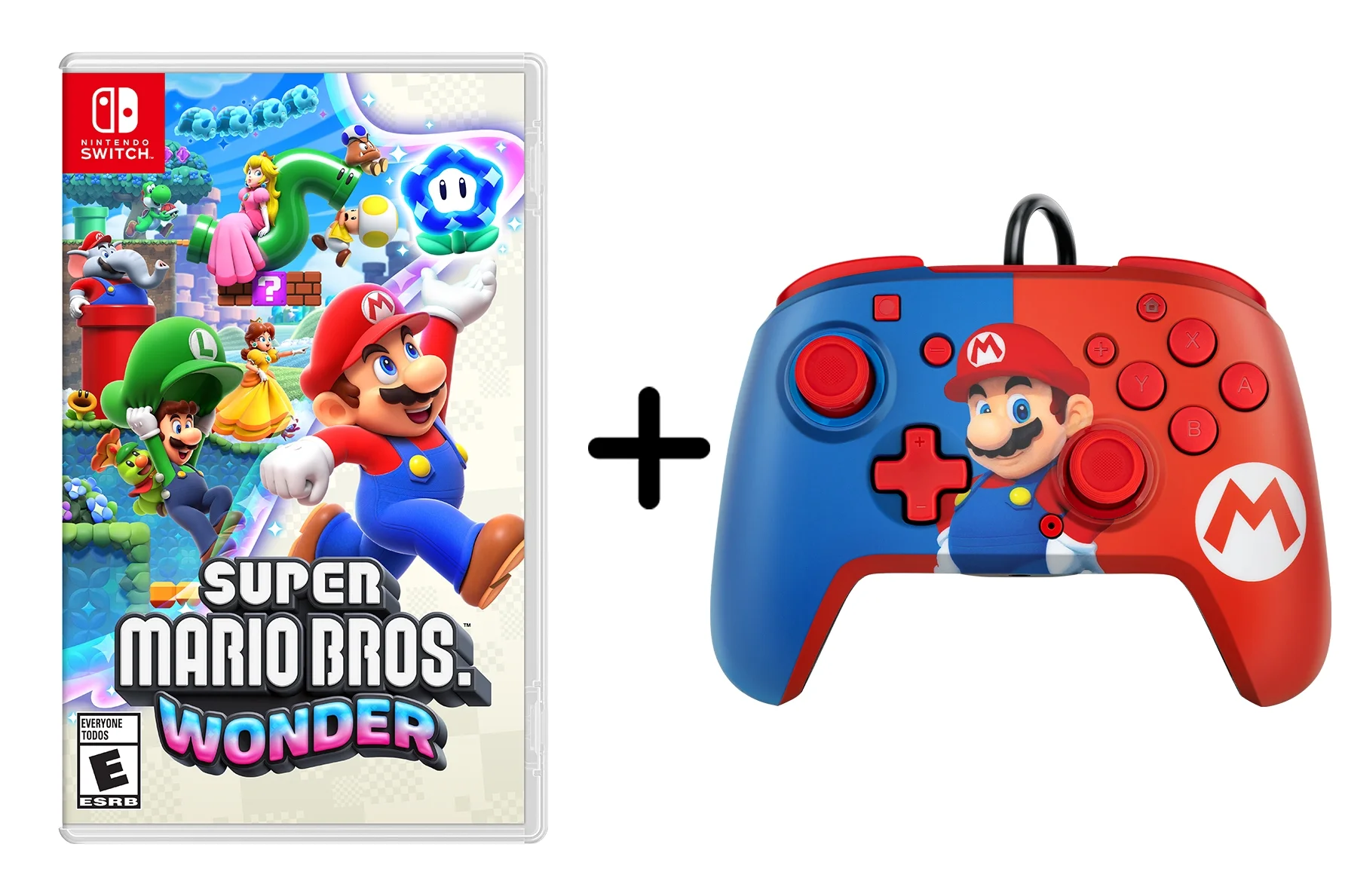 Super Mario Bros. Wonder + PDP Faceoff Deluxe Plus Audio Wired Controller (Mario) - Nintendo Switch