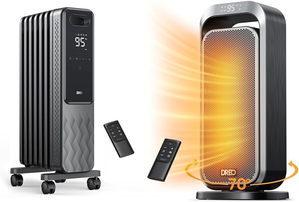 Dreo 1500W Oil Filled Radiator and 15 Inch Portable Heaters Bundle with Remote Control, Safety Features