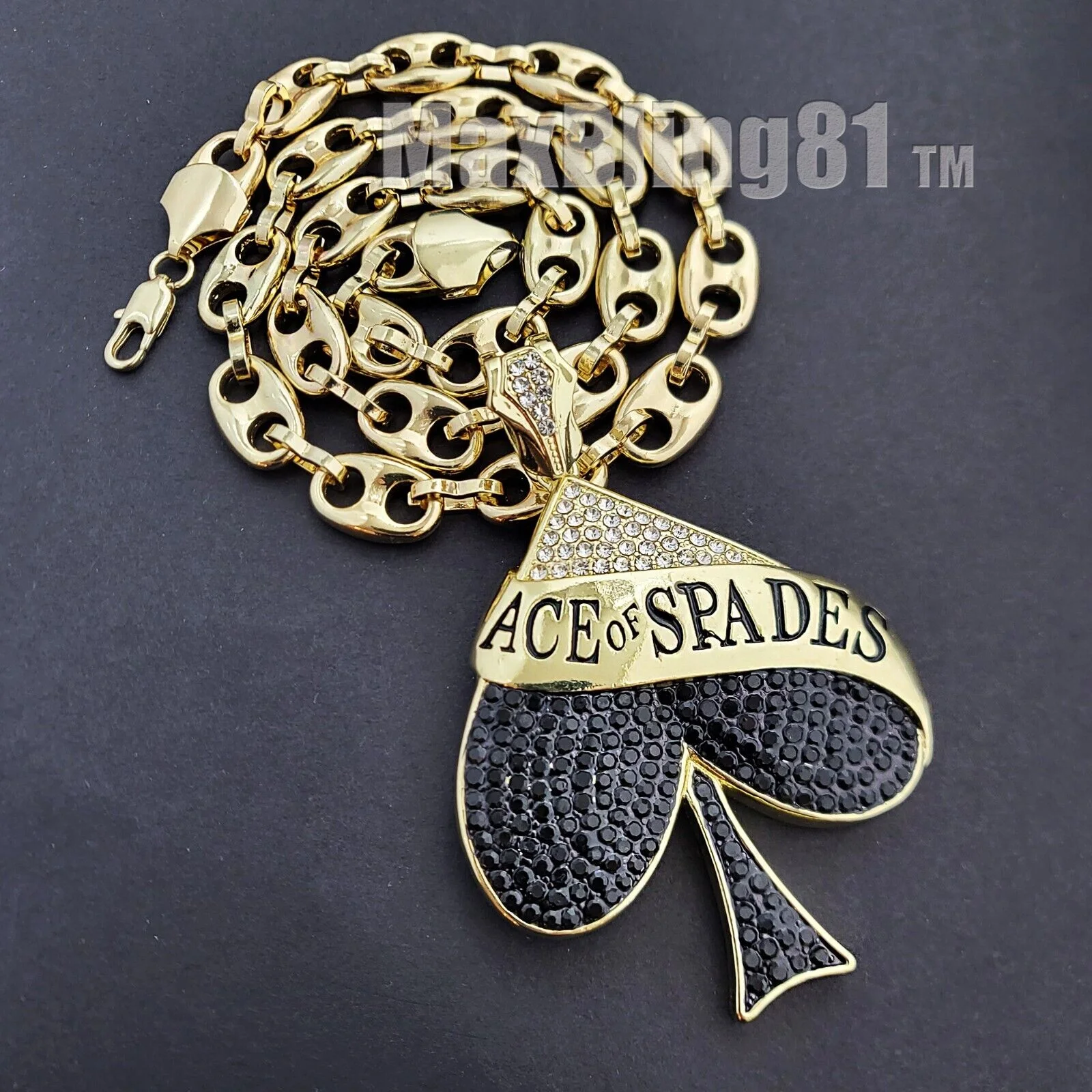 Icy Gold plated ACE OF SPADED Alloy Cubic Zirconia Charm & Marina Chain Necklace