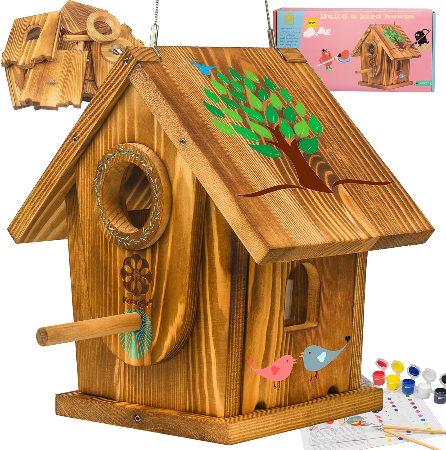 Bird Houses for Outside,DIY Kit for Adults & Kids,Solid Mortise & Tenon Structure,Carbonized for Durability and Aesthetic Appeal,Easy to Clearance,Paint Kit Included