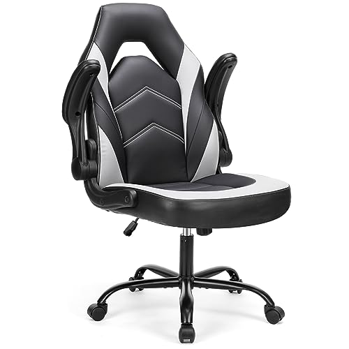 Sweetcrispy Computer Gaming Desk Chair - Ergonomic Office Executive Adjustable Swivel Task PU Leather Racing Chair with Flip-up Armrest for Adults, Kids, Men, Girls, Gamer, Black White