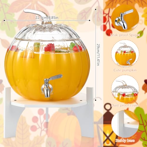 2 Gallon Pumpkin Glass Drink Dispenser with Stand Thanksgiving Pumpkin Shaped Beverage Dispenser with Spigot Clear Juice Alcohol Cocktail Tea Dispenser for Halloween Fall Party Decorations