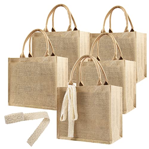 8 Pcs Burlap Tote Bags Bulk, Reusable Jute Tote Bag with 10Yd Ribbon Blank Burlap Gift Bag with Handle Waterproof Beach Tote Bag for Shopping Bridesmaid Gifts Bags 12.2''x10.6''x6.3''