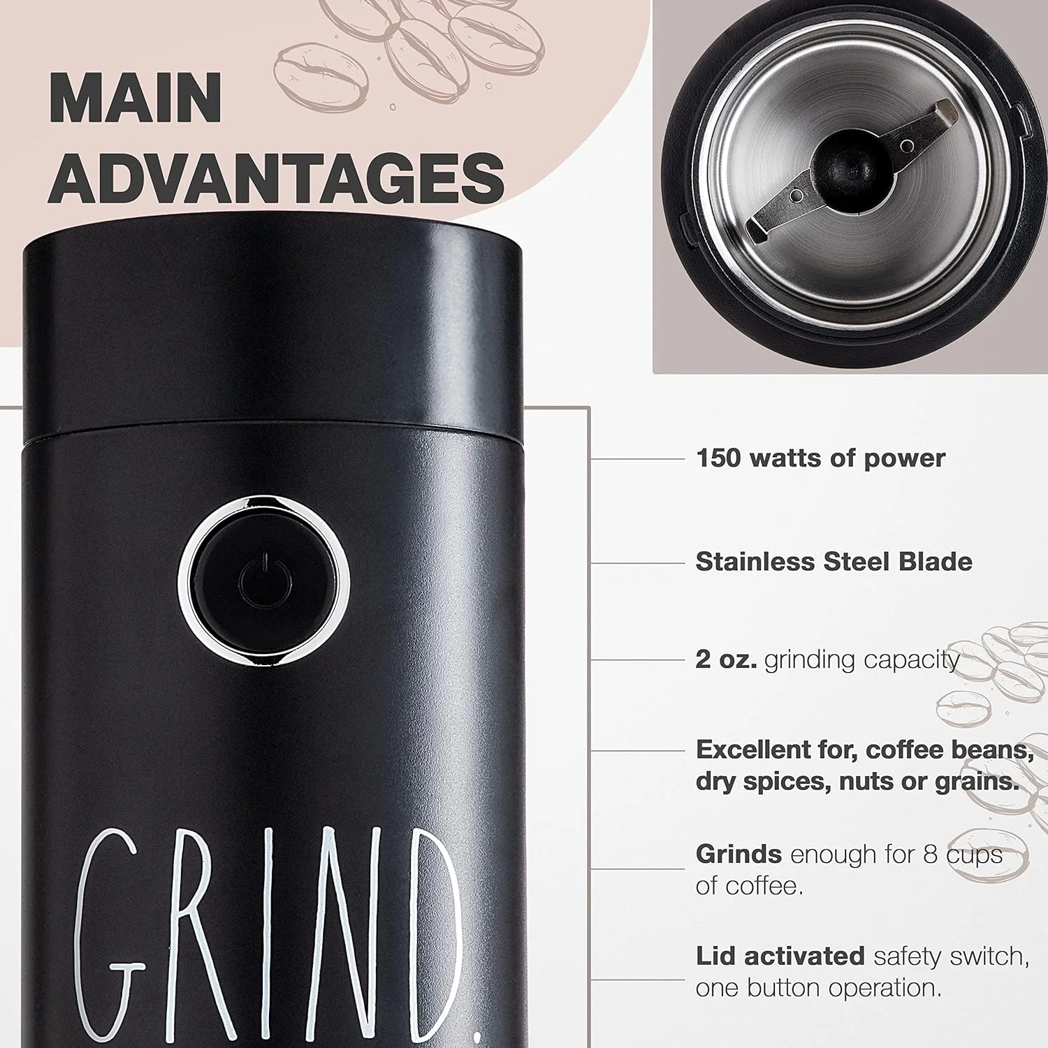 Rae Dunn Electric Coffee Grinder for French Press, Espresso, and Drip Coffee, Black