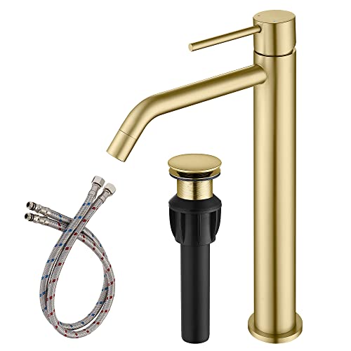 Brushed Gold Vessel Sink Faucet with Pop Up Drain and Supply Lines, Stainless Steel Gold Vanity Faucet Single Hole, JXMMP Single Handle Bathroom Faucet Gold, JXM1001BG