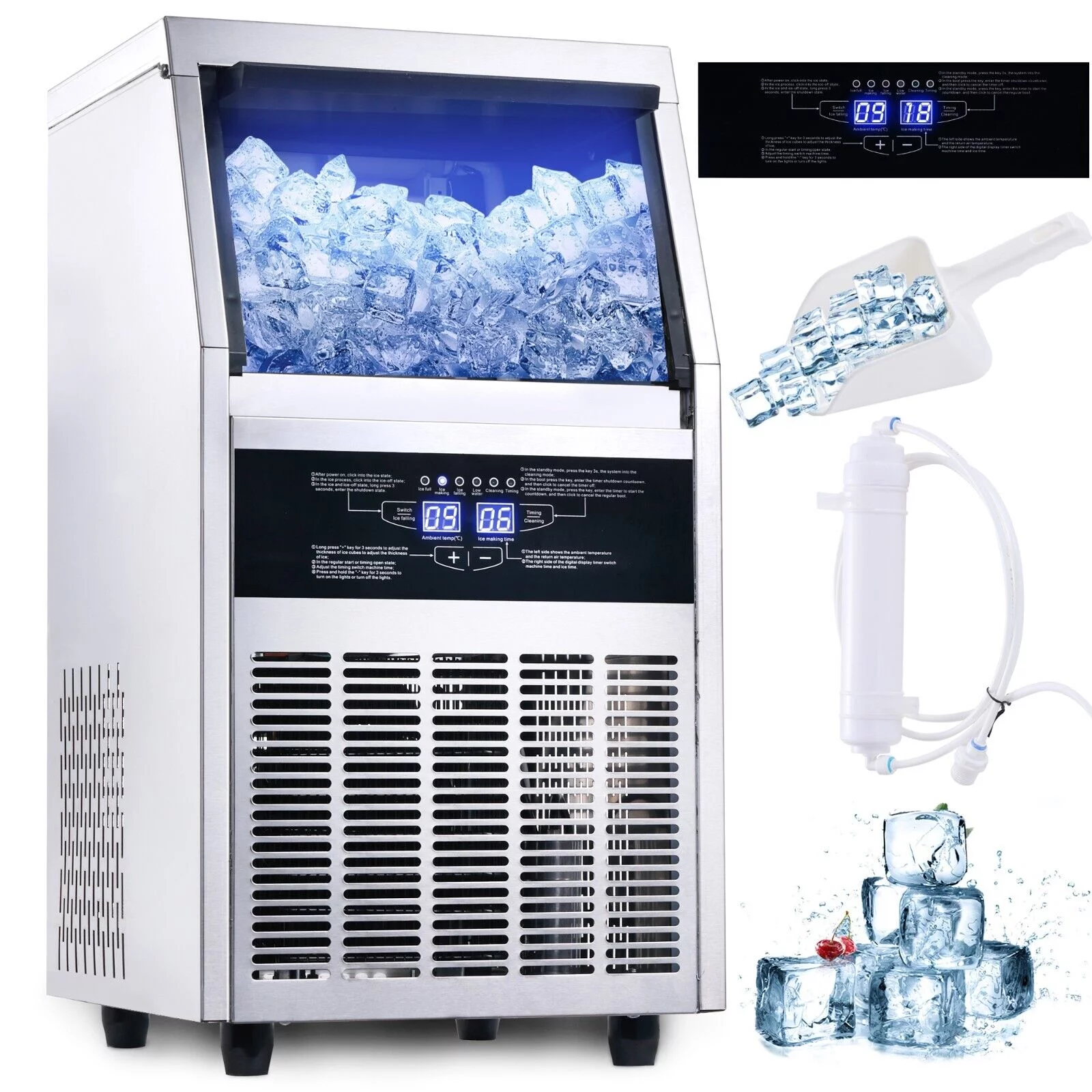 Zomagas Commercial Ice Maker 90lb Stainless Steel Bar Restaurant Built-in Cube Machine