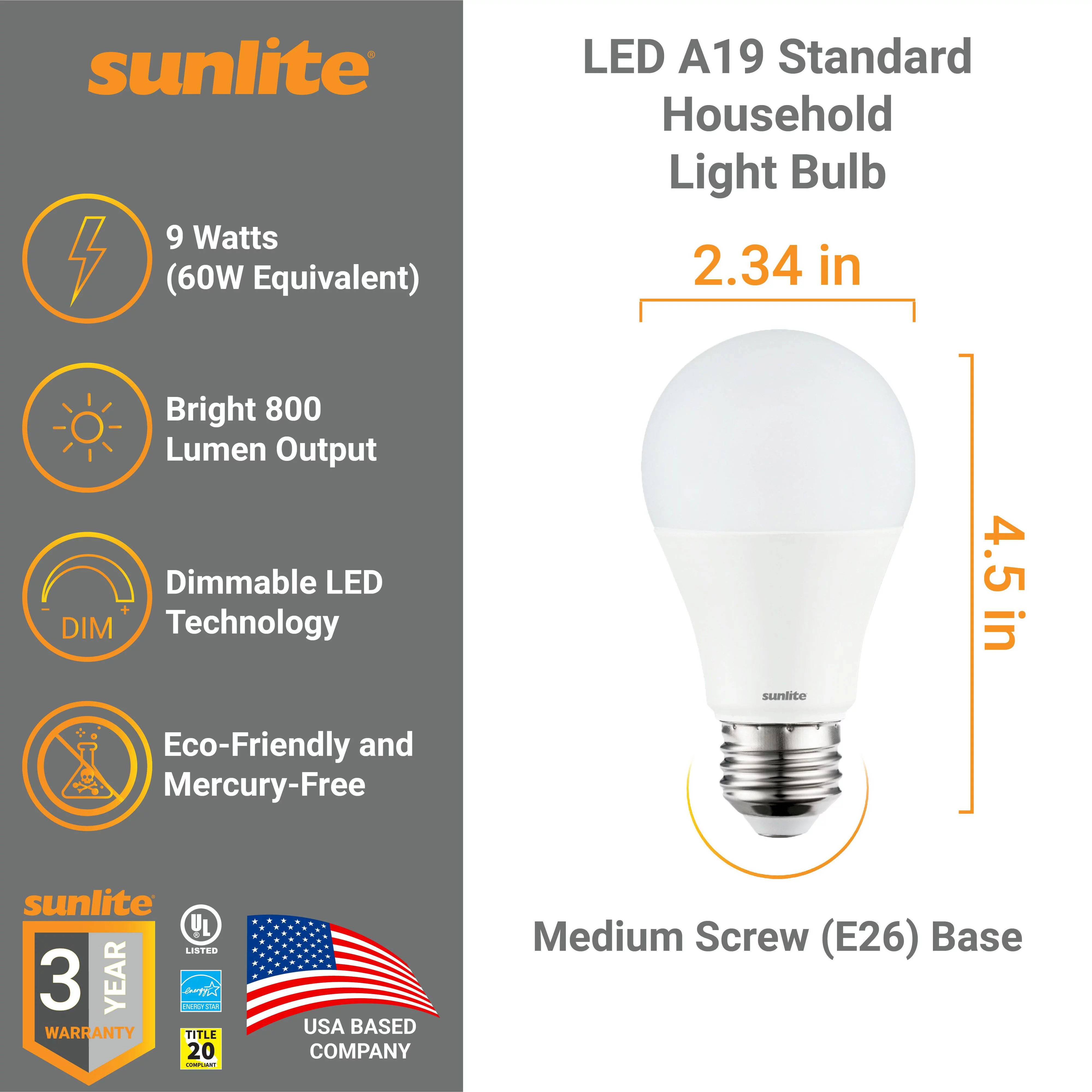 Sunlite LED A19 Standard Household Light Bulb, 9 Watts (60W Equivalent), Medium E26 Base, Dimmable,UL Listed, 3000K Warm White, 6-Pack