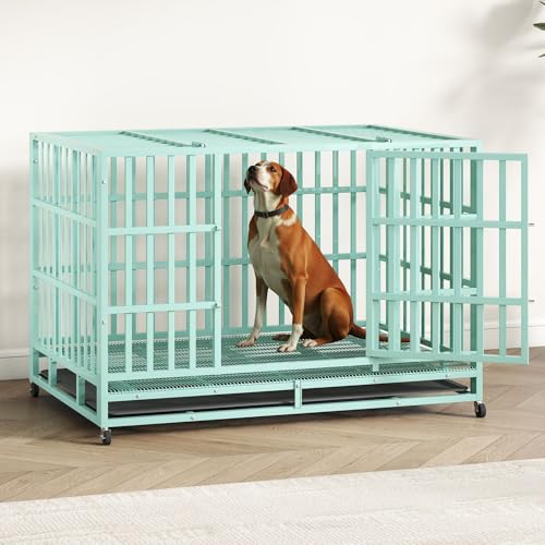 48 Inch Heavy Duty Indestructible Dog Crate Steel Escape Proof, Indoor Double Door High Anxiety Cage, Kennel with Wheels, Removable Tray, Extra Large XL XXL