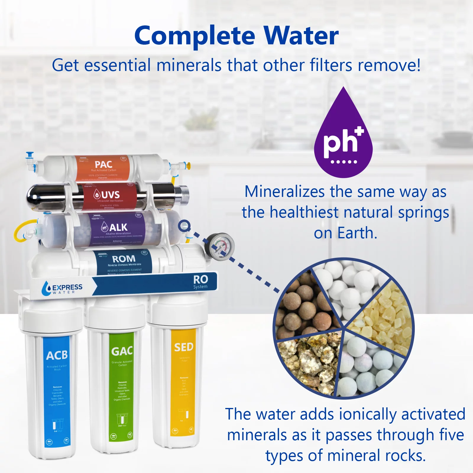 Express Water 11 Stage UV Ultraviolet + Alkaline + Reverse Osmosis Home Drinking Water Filtration System 100 GPD RO Membrane Filter - Modern Faucet - Pressure Gauge