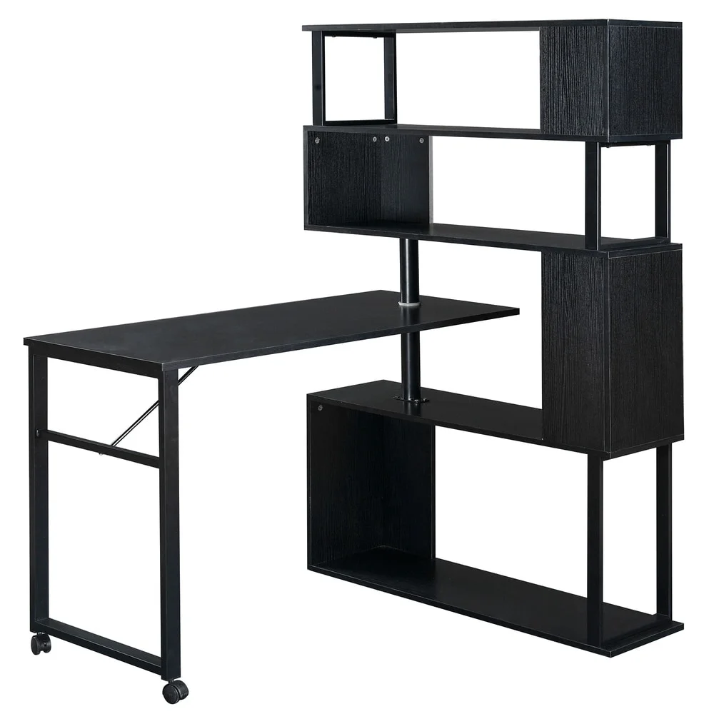 Home Office Computer Desk L-Shaped Corner Table, Rotating Computer Table with 5-Tier Bookshelf, Lockable Casters Black