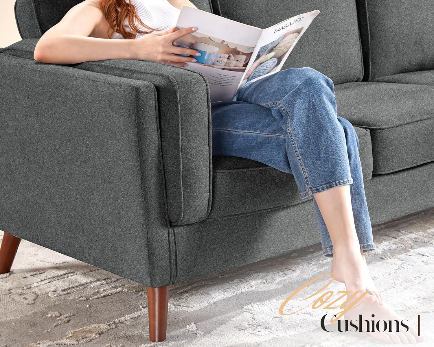 Papajet Sofa, 87inch Modern Sofa with Embedded Arm Pillow- Dark Grey Deep Seat Couch for Livingroom