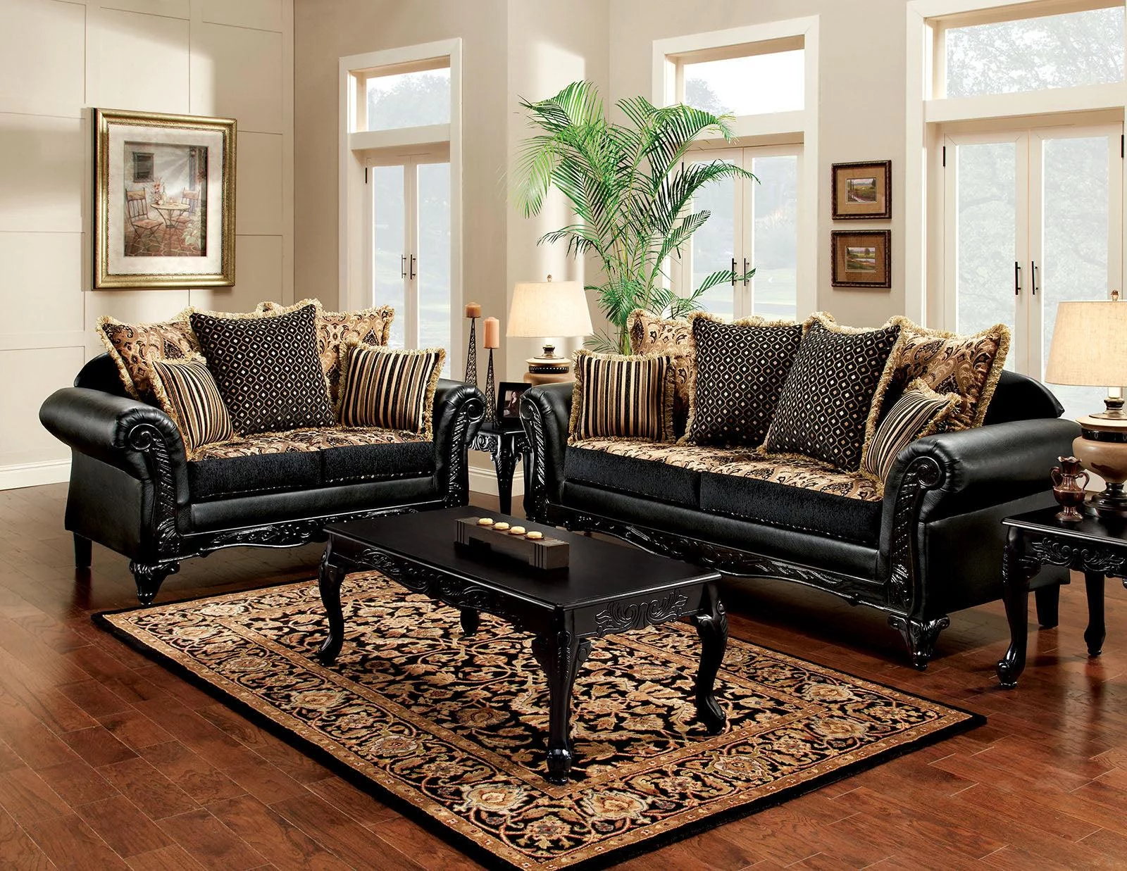 Traditional Black & Tan Chenille Sofa and Loveseat Furniture of America Theodora