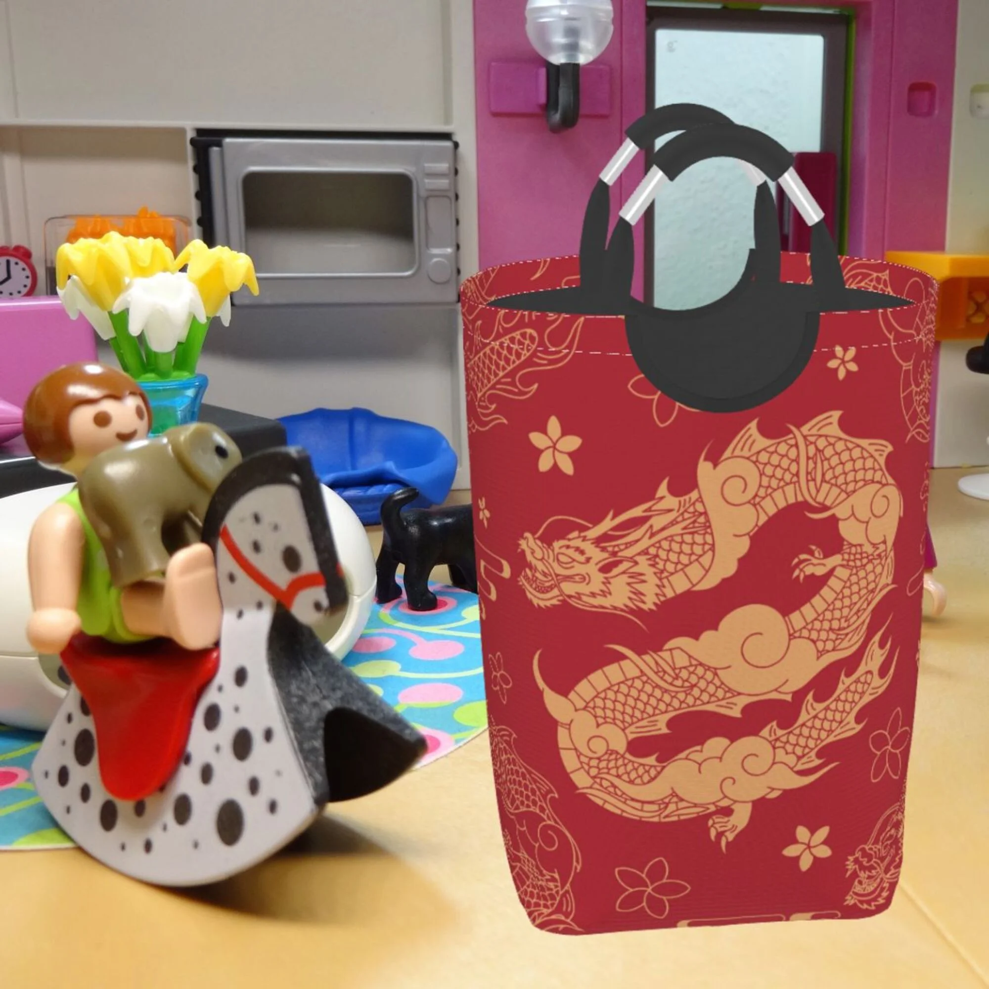 TEQUAN 50L Large Rectangular Laundry Hamper with Aluminum Handles, Red Chinese Dragon Prints Waterproof Foldable Dirty Clothes Basket