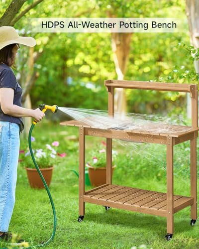 HDPS Outdoor Potting Bench with Sliding Tabletop/ 4 Wheels/Removable Sink, All-Weather Outside Garden Work Table, No Rust/Fade/Break, Potting Station for Porch, Patio & Backyard (Teak)