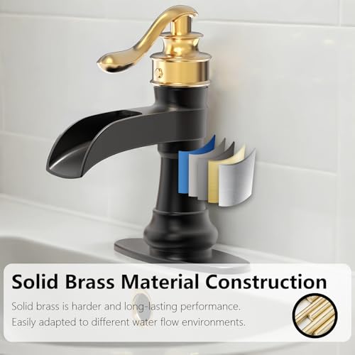 Vessel Sink Faucet, Oil Rubbed Bronze Black Bathroom Faucet, Farmhouse Waterfall Sink Faucet Single Hole with Pop Up Drain Assembly Without Overflow One Hole Mixer Tap Deck Mount