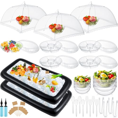 128 Pcs Inflatable Cooler for Parties 2 Inflatable Serving Bars Buffet Cooler for Parties 3 Food Cover 6 Salad Bowl 12 Serving Utensils 5 Plastic Appetizer Tray 100 Labels(Blue)