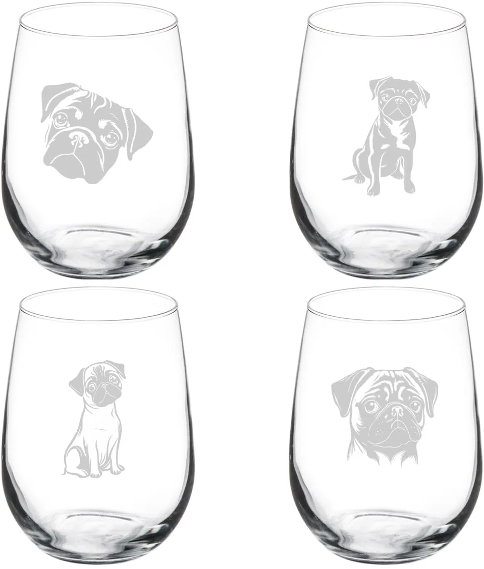 Set of 4 Wine Glass Gift Pug Collection (17 oz Stemless)