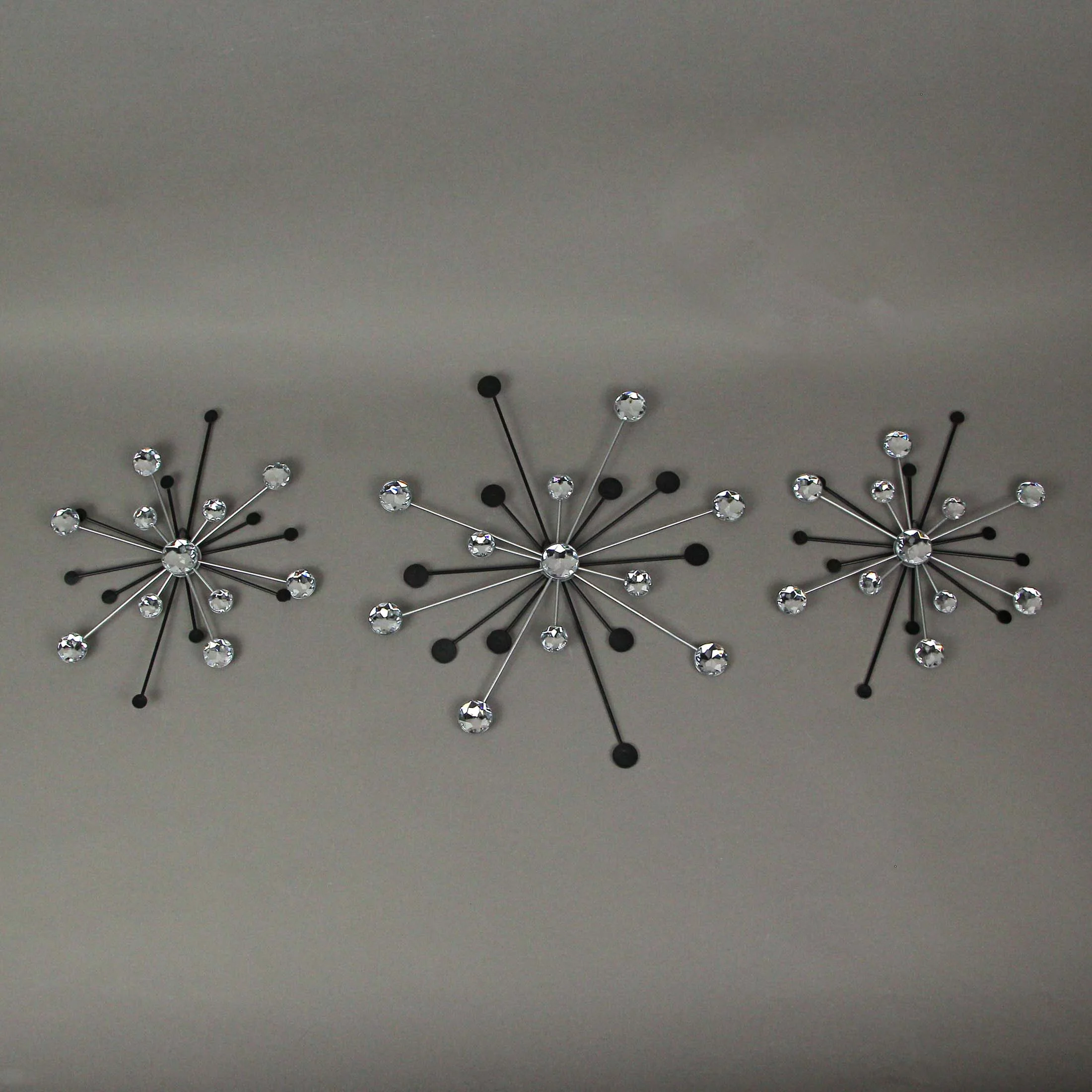 Zeckos Black Silver Metal Jeweled Atomic Starburst Wall Décor Set of 3