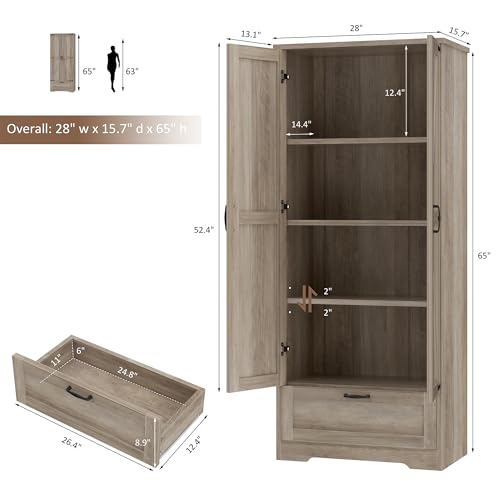 Shintenchi Kitchen Pantry Cabinet, Freestanding Farmhouse Storage Cabinet with 4 Shelves and 1 Drawer, Tall Cupboard for Kitchen, Living Room, Dining Room and Bathroom, White