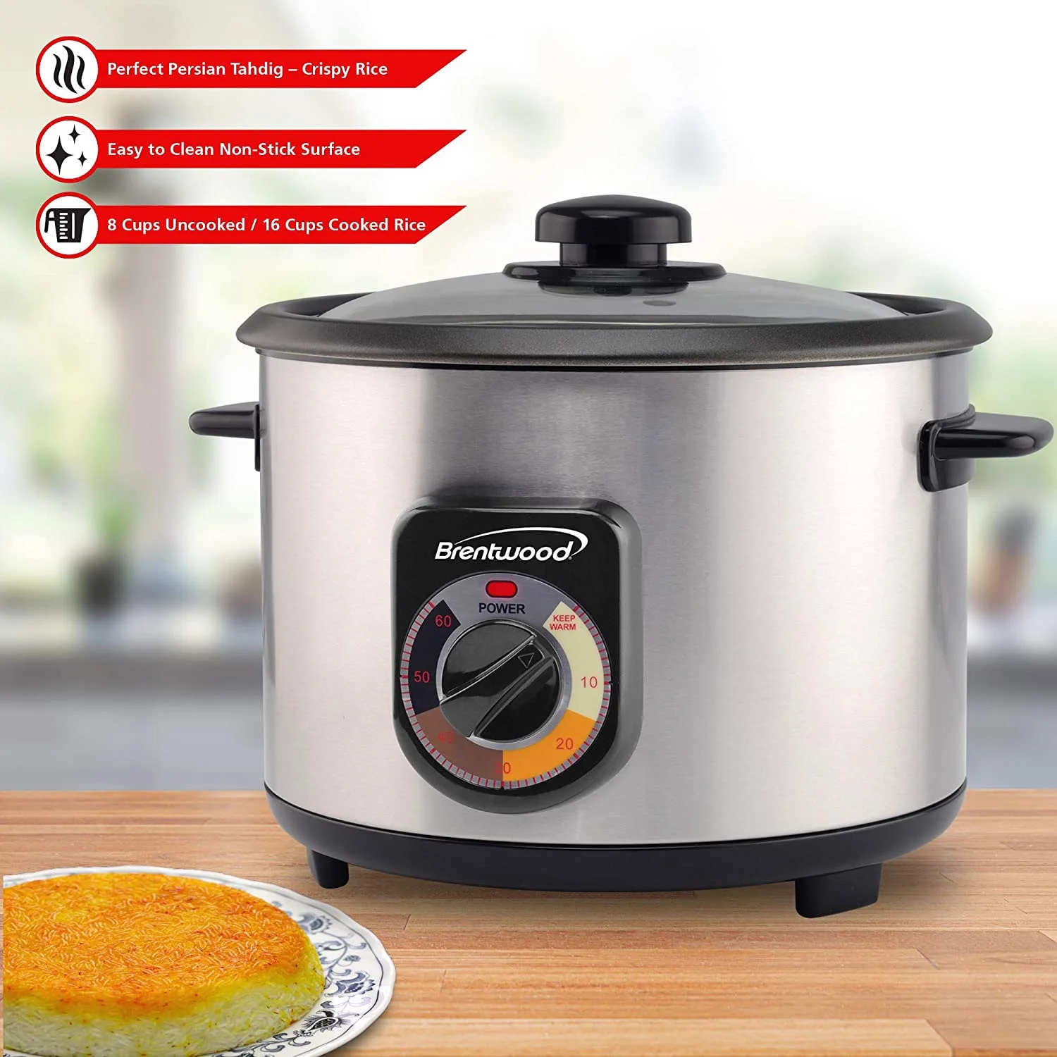 Brentwood Stainless Steel Crunchy Persian Rice Cooker (16 Cups Cooked 500 Watts) (TS-1216S)
