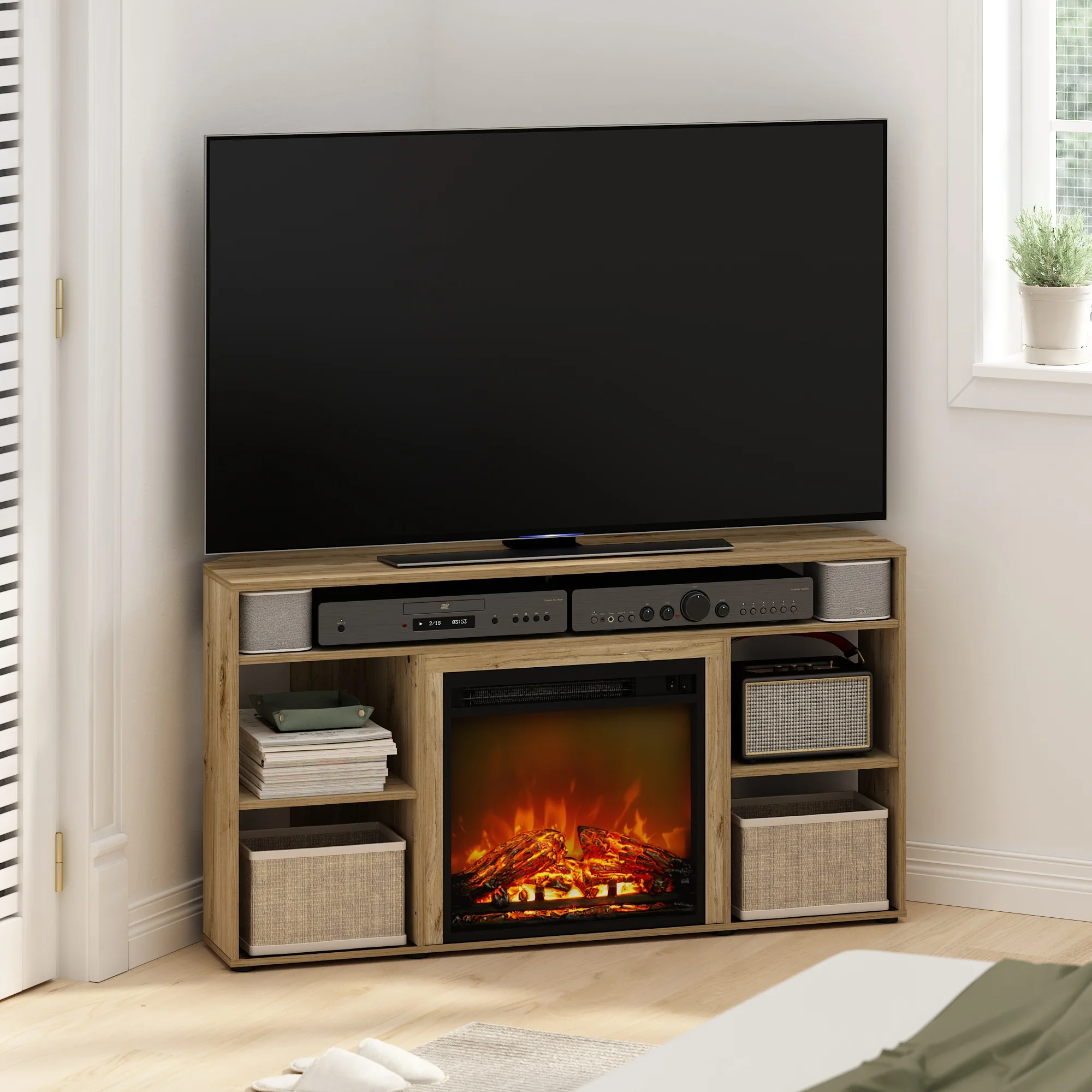 Furinno Jensen Corner TV Stand with Fireplace for TV up to 55 Inches, Flagstaff Oak