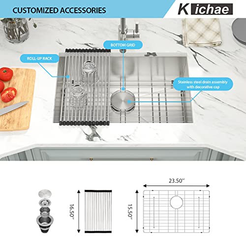 Kichae 12“ Deep Laundry Sink Undermount - 24 Inch Black Undermount Utility Sink Stainless Steel Single Bowl Under Counter Handmade Laundry Utility Room Basin