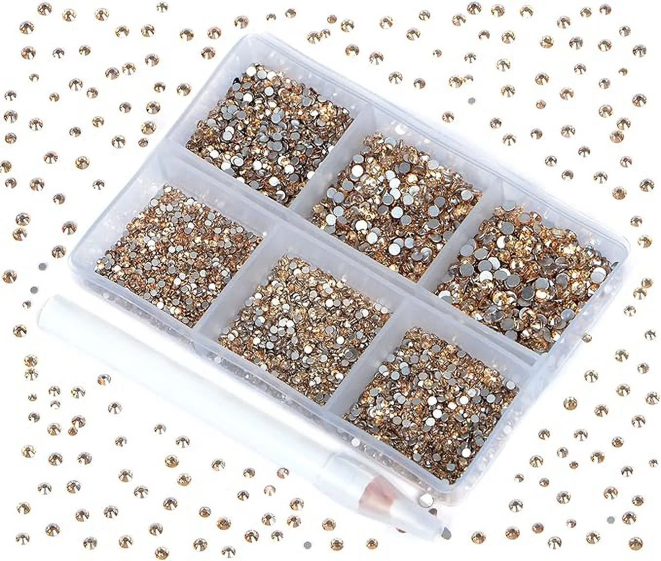 Bymitel 7200 Pieces 6 Mixed Sizes Glue Fix on Glass Rhinestones Round Crystal Gems Flatback for DIY Jewelry Making with one Picking Pen(6-Sizes 7200PCS, Lt. Peach)