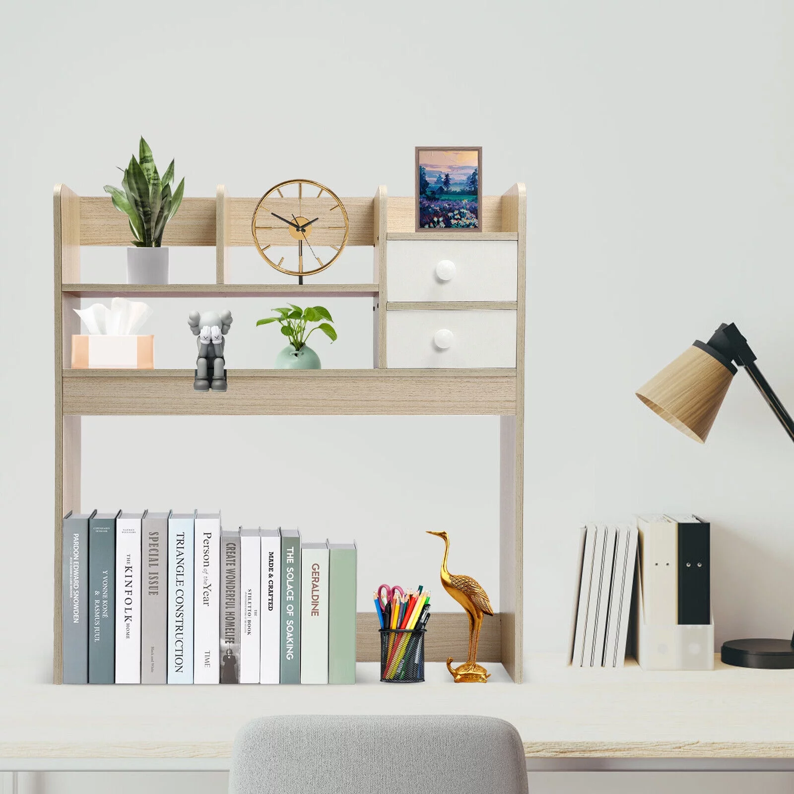 Desktop Bookshelf Counter Top Bookcase 2 Drawer Desk Organizer Home Office Shelf Brushed Oak