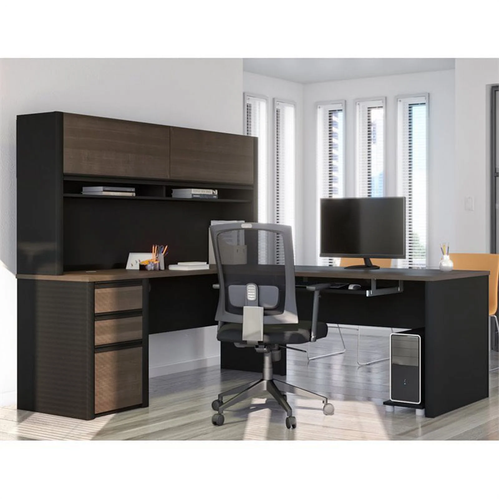 Atlin Designs 5 Piece L Shaped Computer Desk with Hutch in Antigua and Black