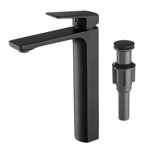 VOTON Vessel Sink Faucet Matte Black Tall Bathroom Faucet Single Handle Vanity Bathroom Sink Faucet 1 Hole Basin Mixer Tap with Water Supply Hose and Pop Up Sink Drain