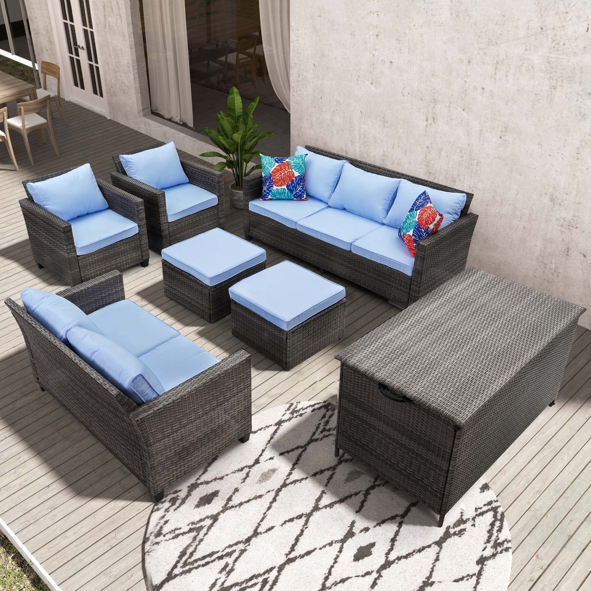 Ainfox Outdoor Patio Furniture Seating Set, 7 Pieces Sectional Conversation Set, Wicker Rattan Chairs Sofa Sets+ Free 120 Gallons Storage Deck Box（Blue）