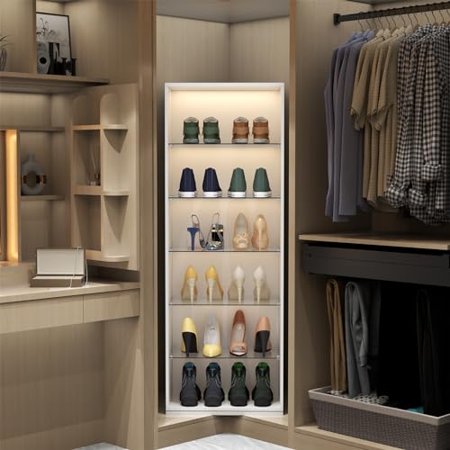 Rotating Shoe Rack with Sensor Light, Spinning Shoe Rack Tower with Glass Shelves, 360°Revolving Shoe Storage Organizer Lazy Susan Shoe for Entryway, Hallway, Living Room (White)