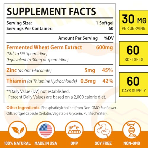 30mg Spermidine Supplement, Liposomal Spermidine, High Absorption, More Potent Than Spermidine 3HCL, Fermented Wheat Germ Extract, Spermidine for Women & Men, Cellular Renewal, Longevity, 120 Softgels