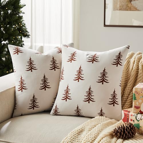 100% Cotton Christmas Pillow Covers Set of 2, 18x18 Inch Christmas Green, Winter Tree Print Decorative Xmas Throw Pillow Covers Cushion Case Winter Home Decor for Sofa Bed Living Room