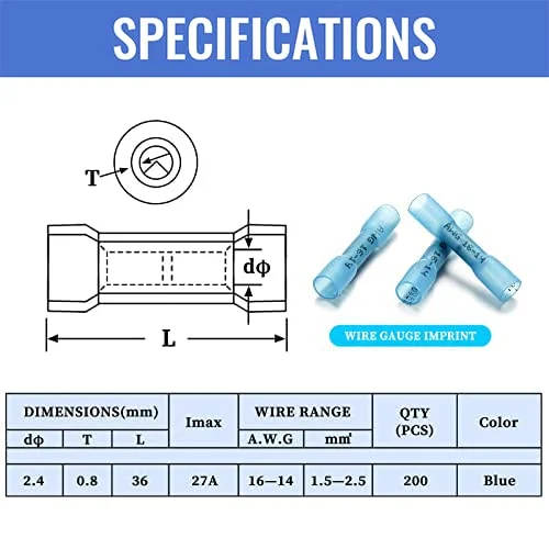 200 PCS Heat Shrink Butt Connectors, Qibaok Waterproof Butt Connectors Insulated Electrical Wire Connectors Crimp Connectors Butt Splice Terminal for Automotive Marine Boat Truck Trailer Stereo