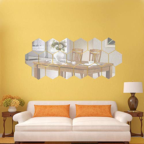 Mirror Wall Stickers, Sliver Acrylic Hexagon Mirror Wall Decals 3D Mirror Setting Art DIY Decoration Self Adhesive Mirror Tiles for Home Living Room Bedroom Decor, 12 Pcs Size M