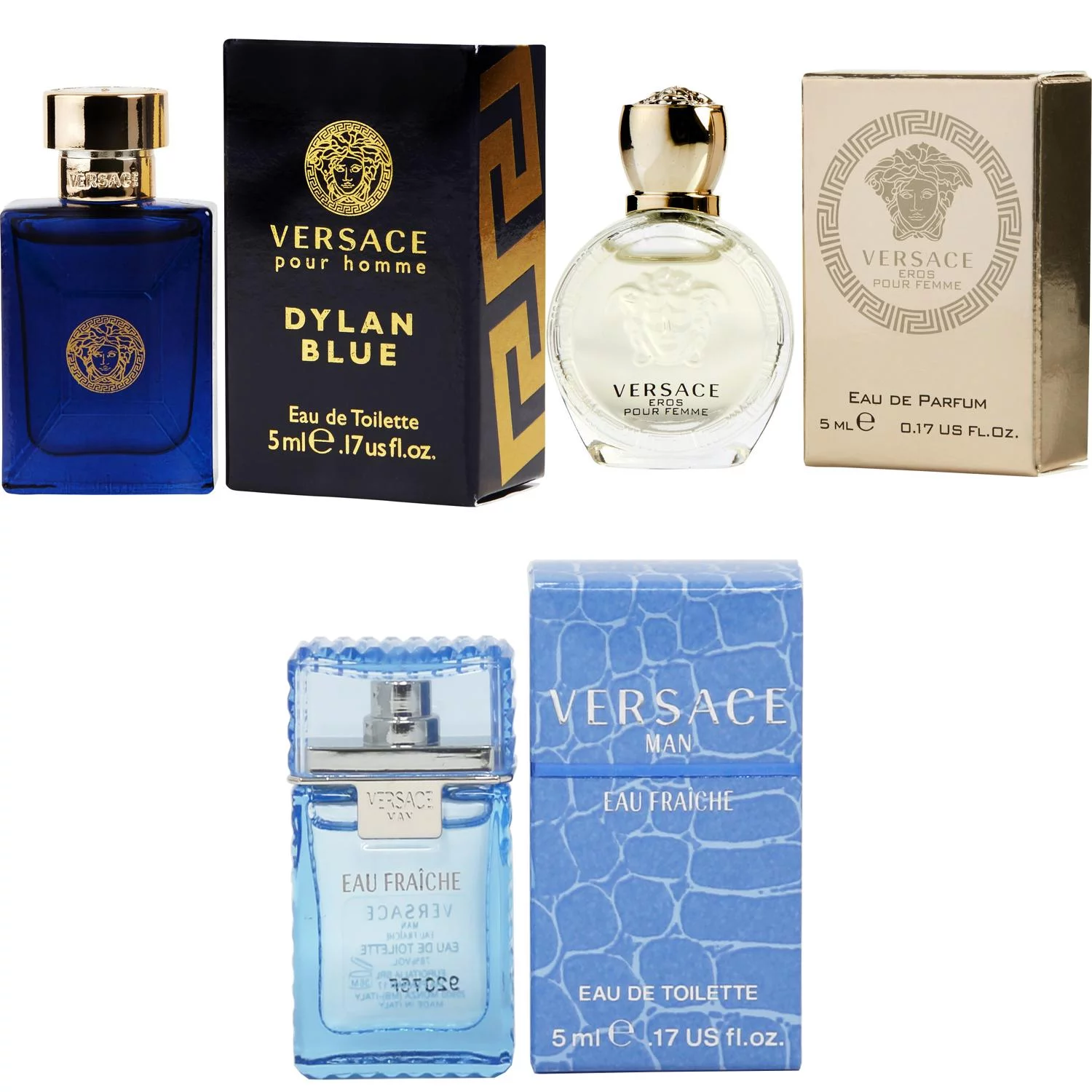 Versace Dylan Blue EDT, Eros Women EDP, Man Eau Fraiche EDT - 5ml 3PK Kit