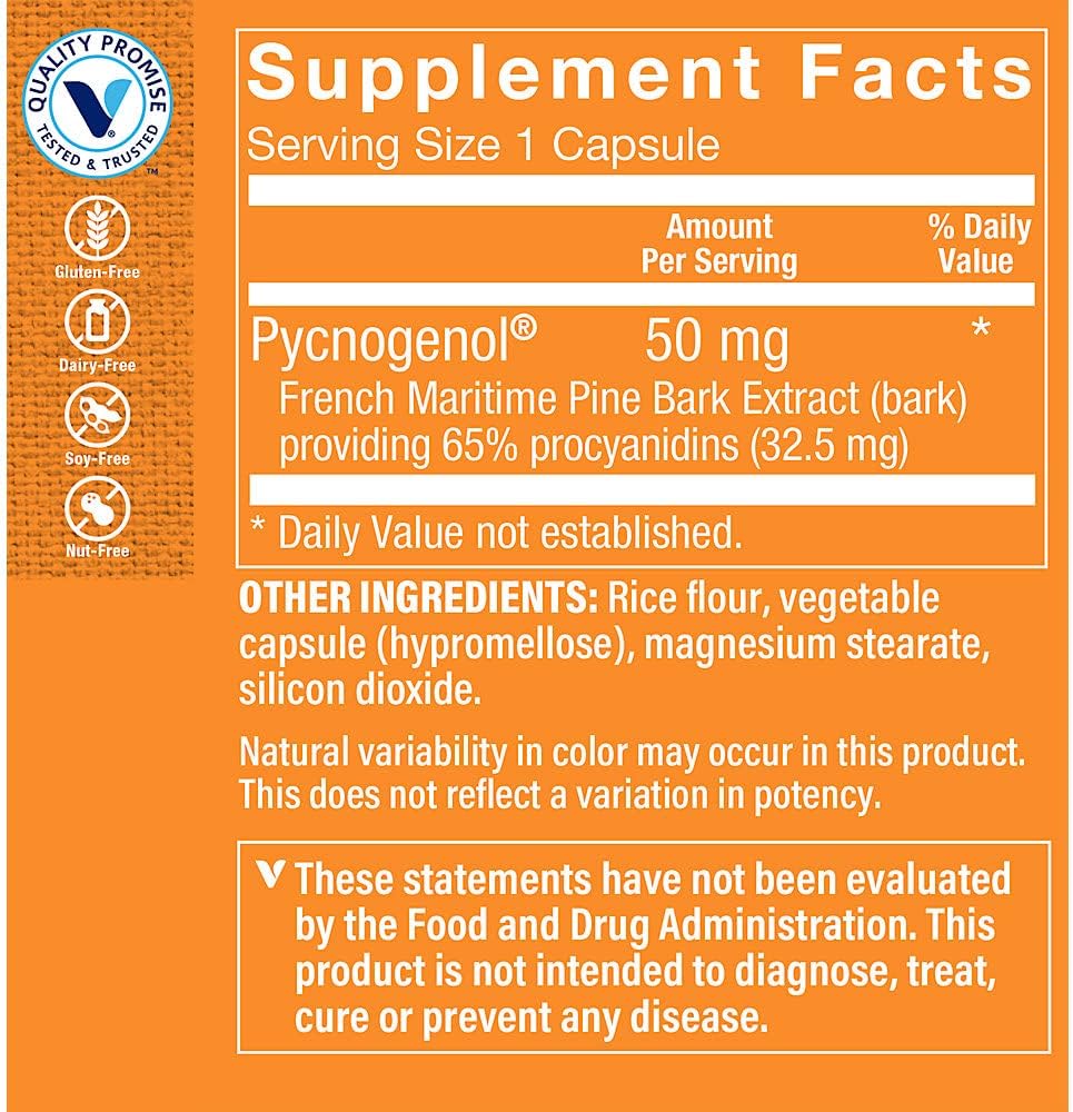 The Vitamin Shoppe Pycnogenol 50mg - Antioxidant That Supports Cardiovascular, Skin & Cellular Health (90 Capsules)