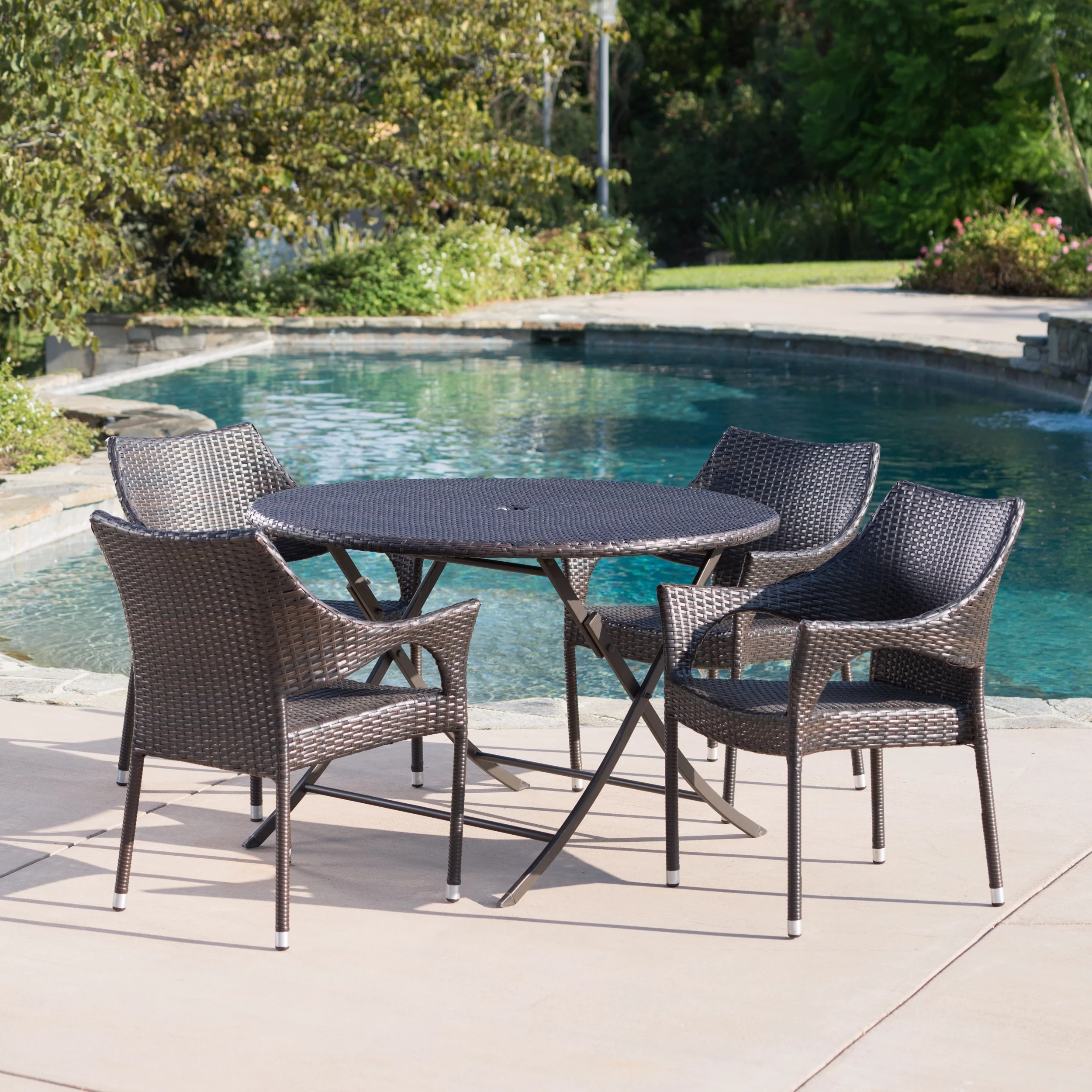 Outdoor 5 Piece Wicker Dining Set with Foldable Table and Stacking Chairs, Brown