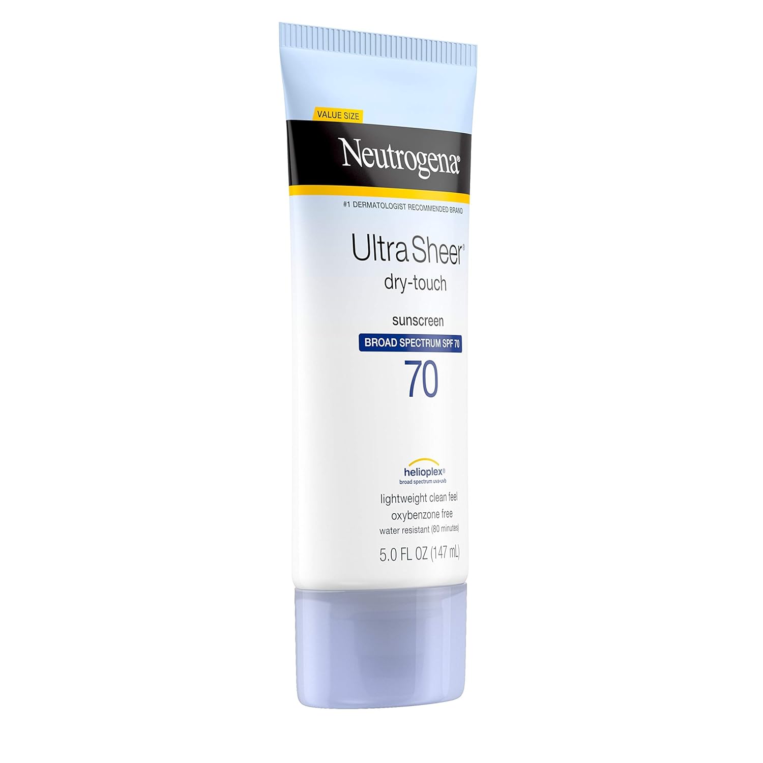 Neutrogena Ultra Sheer Dry-Touch Sunscreen Lotion, Broad Spectrum SPF 70 UVA/UVB Protection, Oxybenzone-Free, Light, Water Resistant, Non-Comedogenic & Non-Greasy, 5 fl. oz