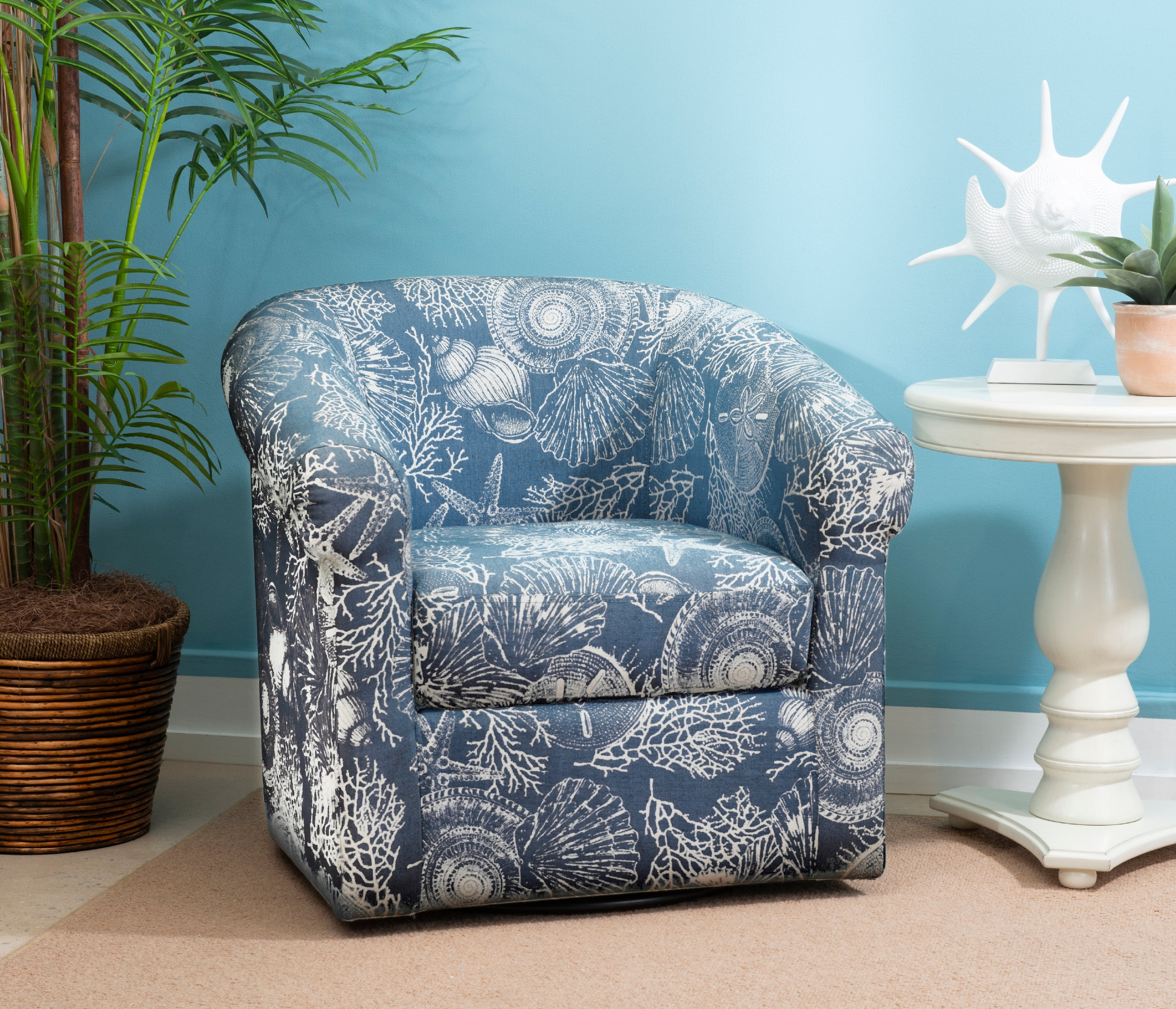 Grandee Club Chair with Swivel, Ocean Blue and White Coastal Pattern