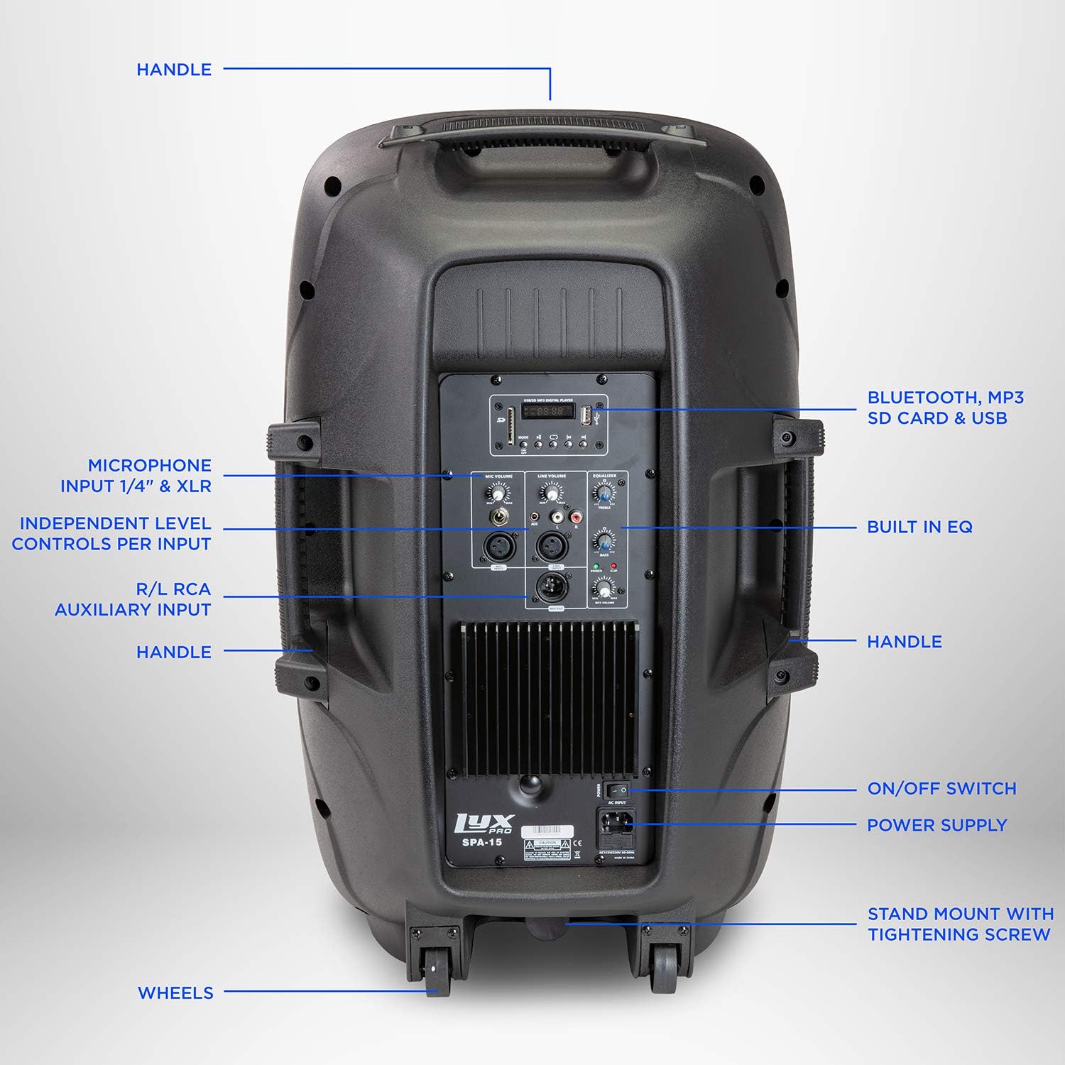 LyxPro 15 Inch PA Active Speaker System Compact and Portable with Equalizer, Bluetooth, MP3, USB, SD Card Slot, XLR, 1/4��, 3.5mm Input, Carry Handles, SPA-15